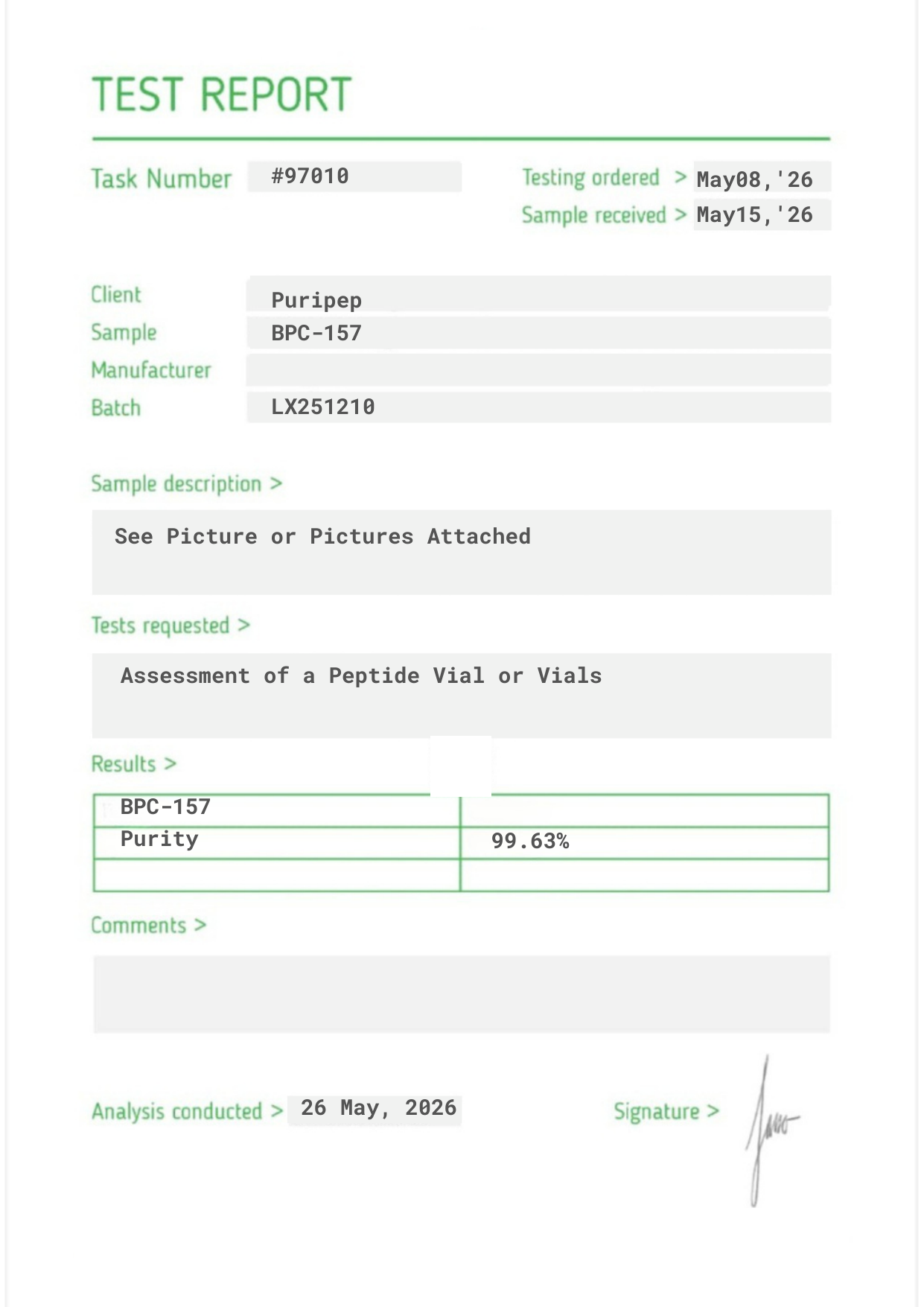 Certificate of Analysis — BPC-157, third-party HPLC purity test
