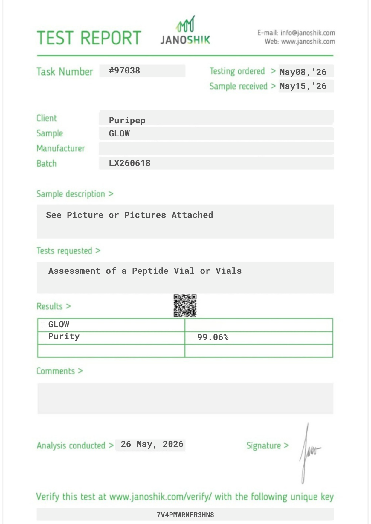 Certificate of Analysis — GLOW, third-party HPLC purity test
