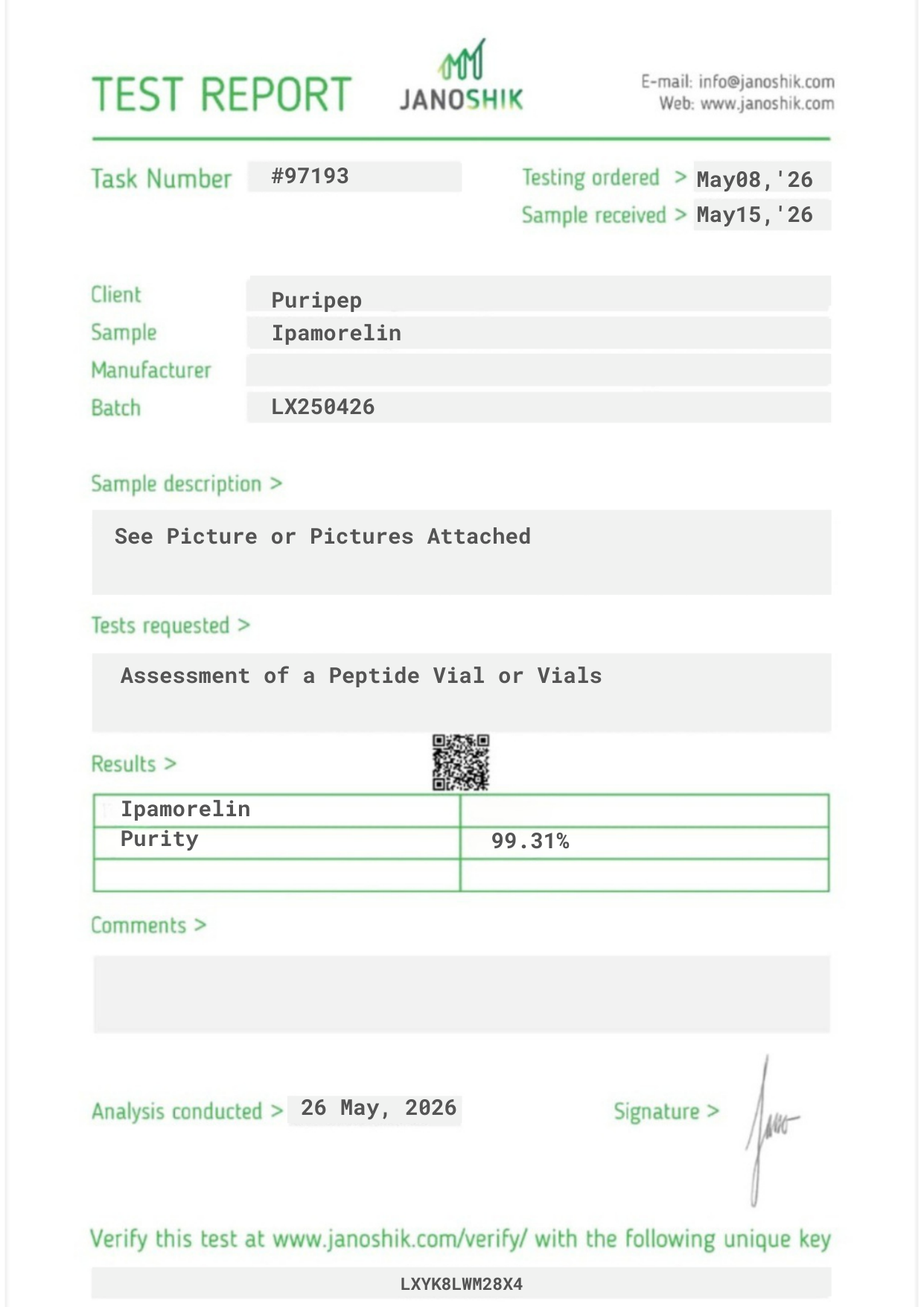 Certificate of Analysis — Ipamorelin, third-party HPLC purity test