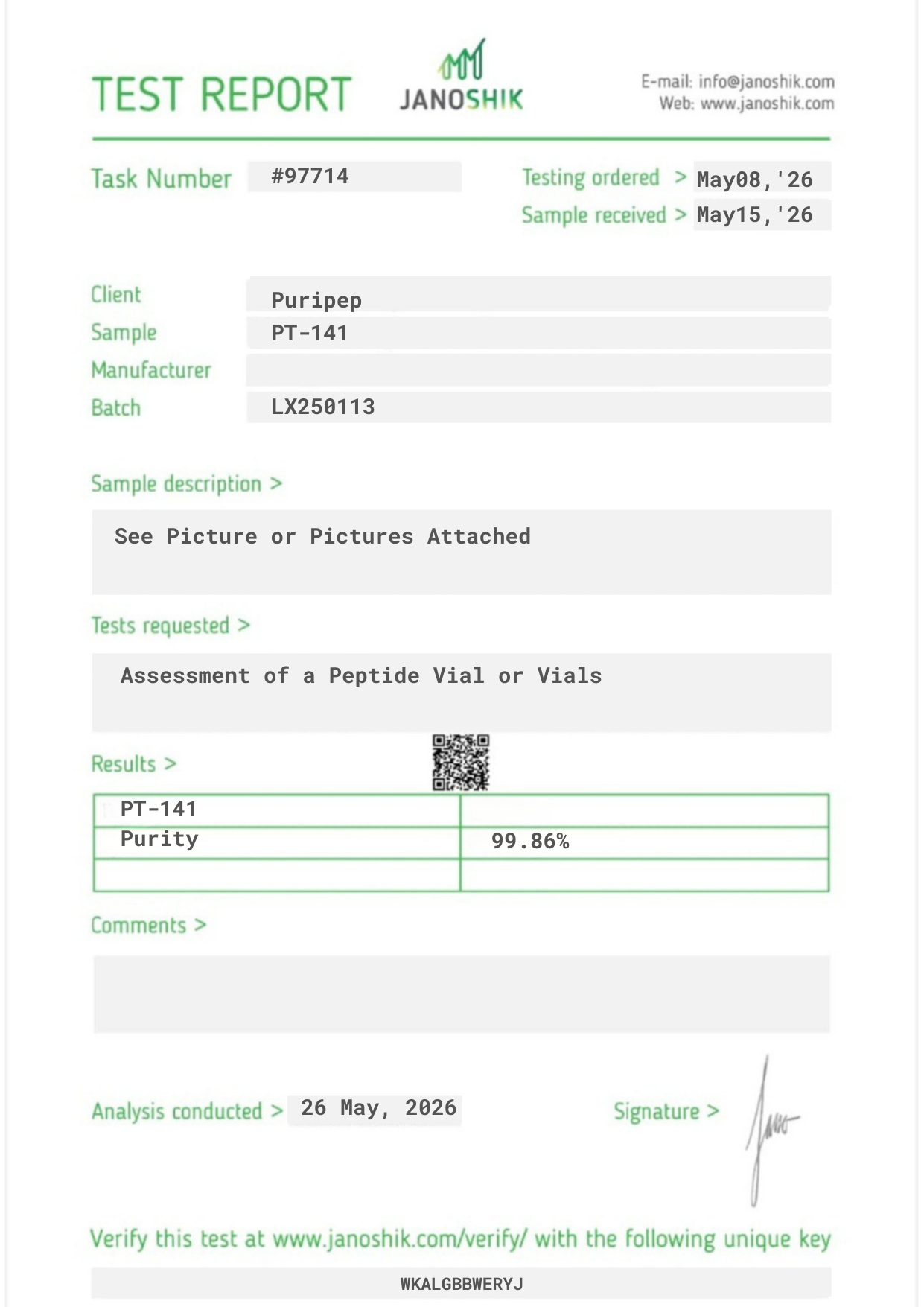 Certificate of Analysis — PT-141, third-party HPLC purity test