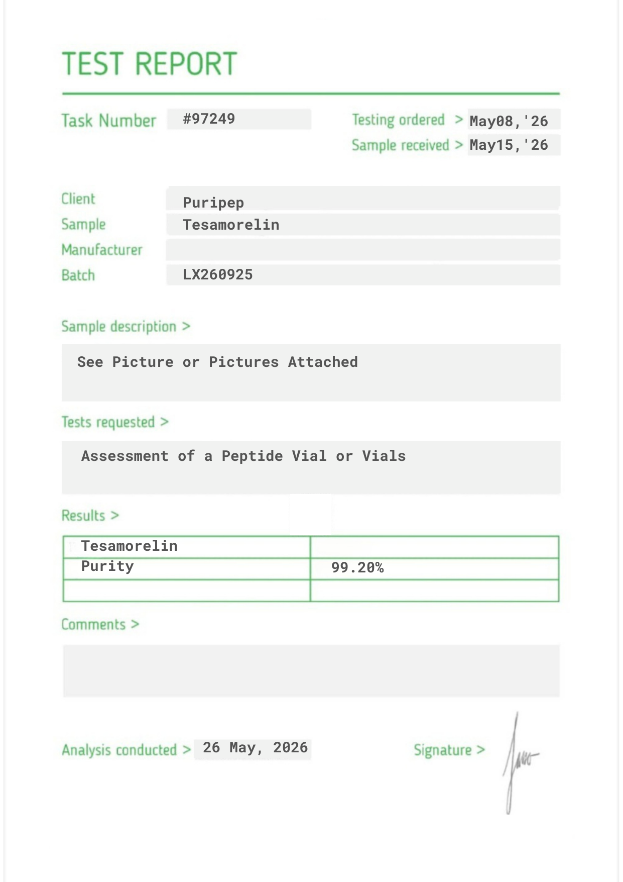 Certificate of Analysis — Tesa, third-party HPLC purity test