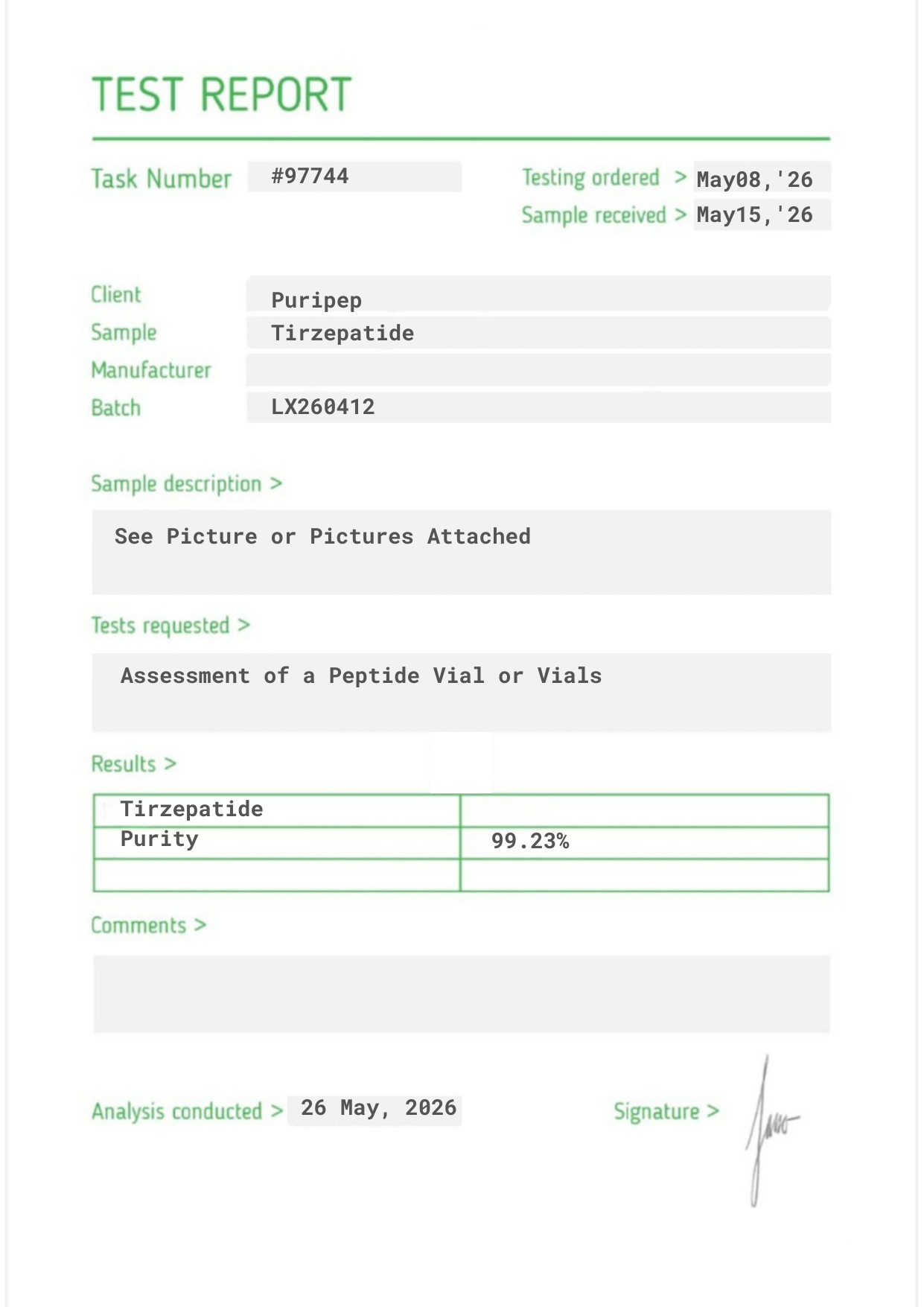 Certificate of Analysis — Tirz, third-party HPLC purity test