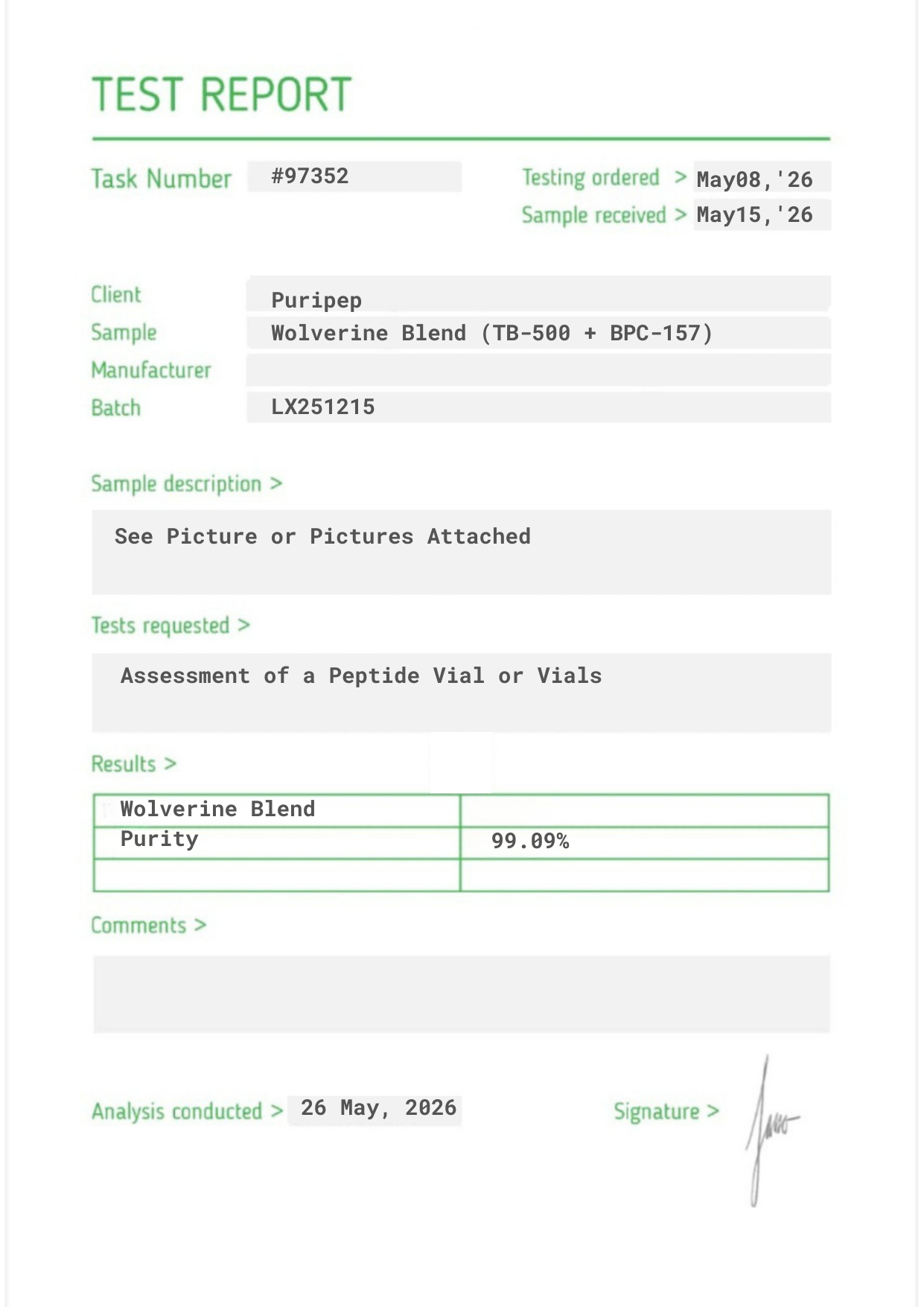 Certificate of Analysis — Wolverine Blend (TB-500 + BPC-157), third-party HPLC purity test